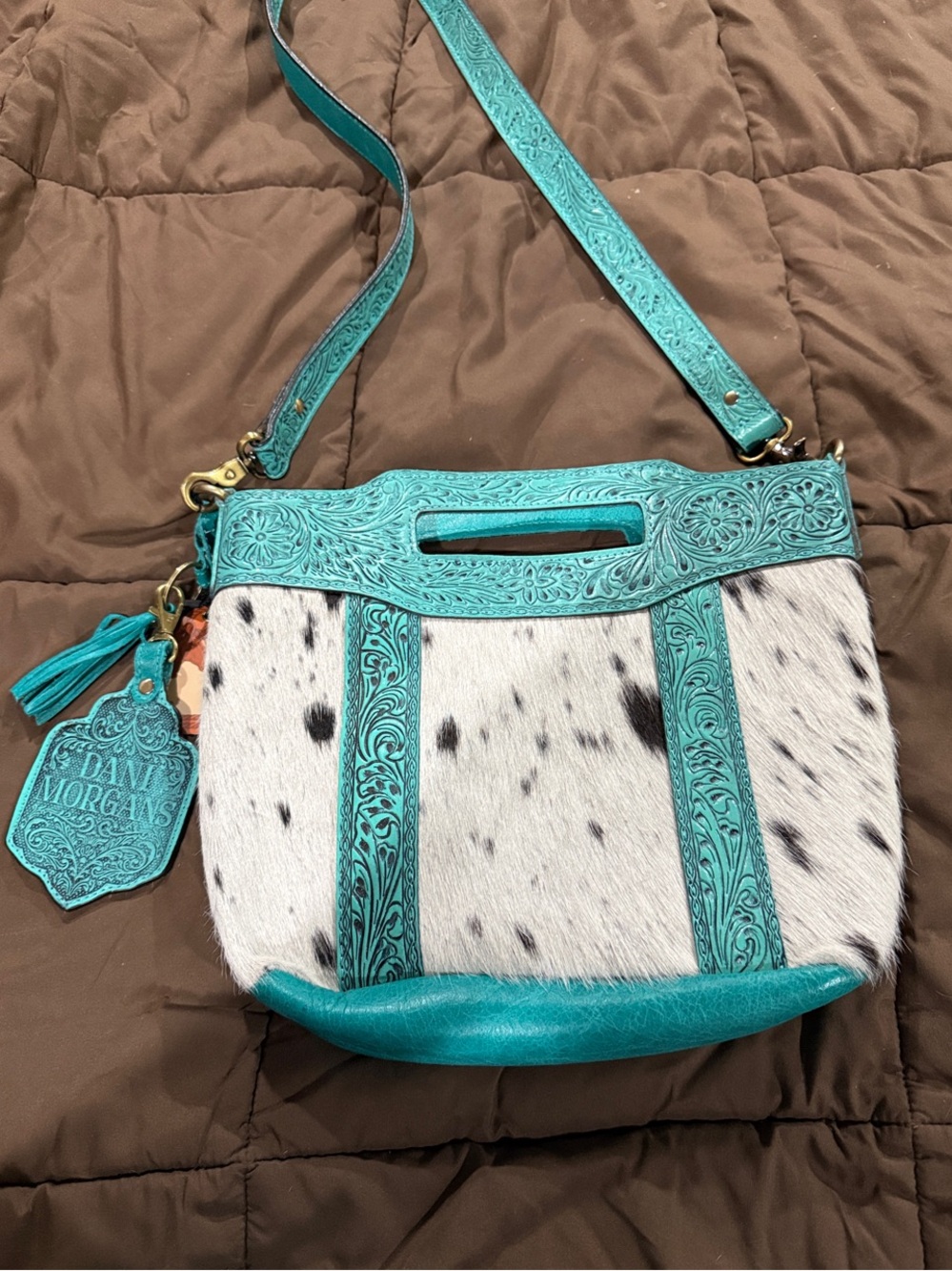 New!! Turquoise Tooled Real Leather & Real Spotted Hair-on-Hide Crossbody